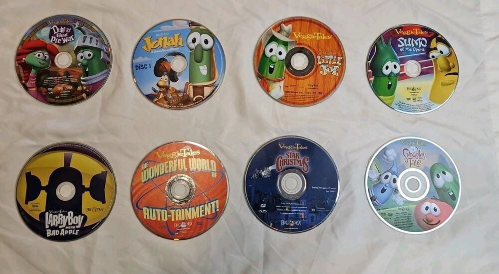 Assorted Lot of 8 Veggie Tales DVDs In CD Case, Includes Jonah, Duke & The Great
